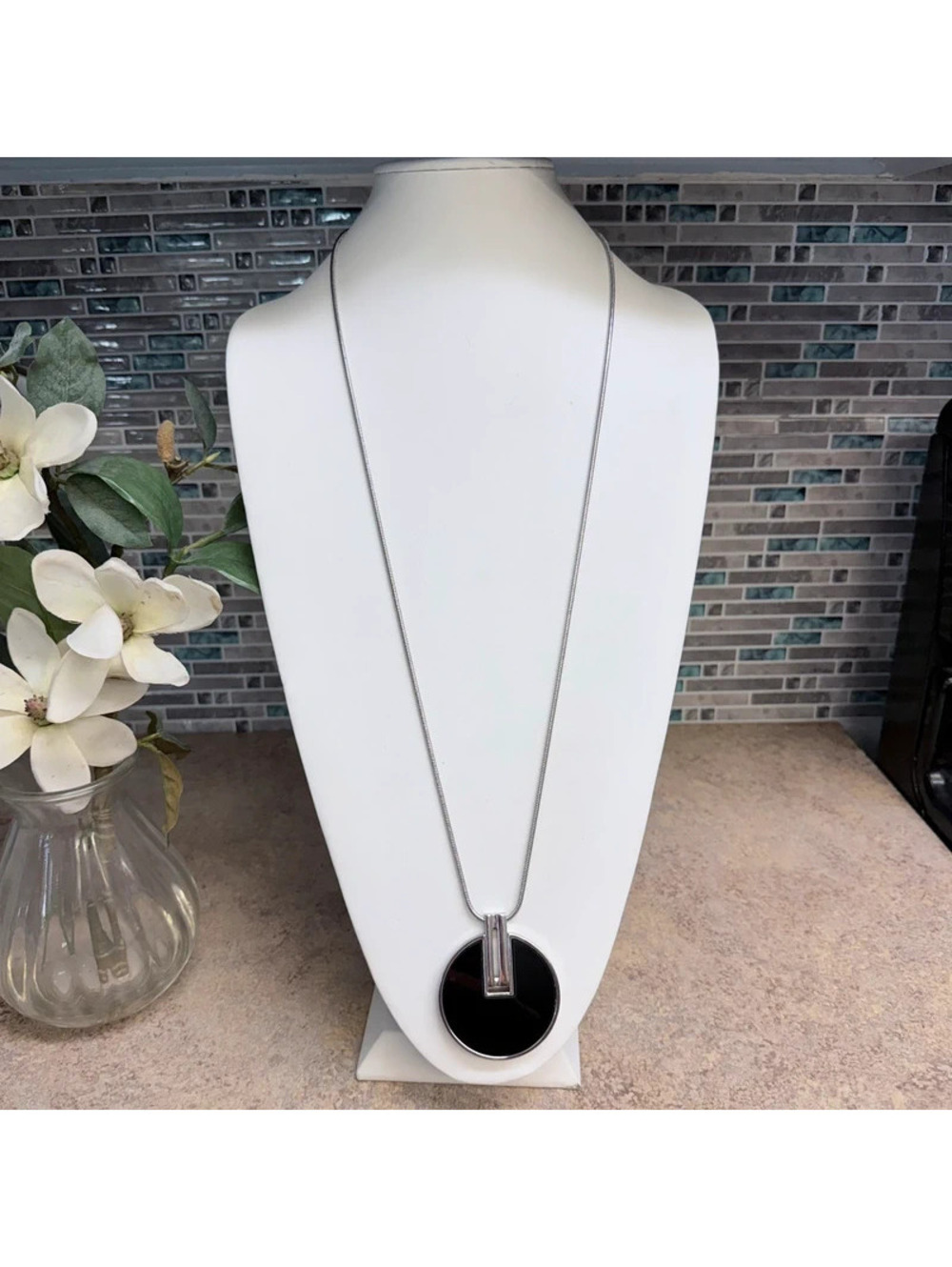 Chico's modernist black and silver pendant long necklace